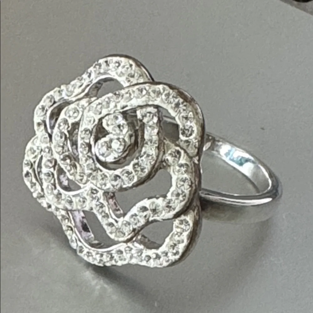 Rose Flower Pure Silver Plated Ring with Crystals Sz. 9 VTG